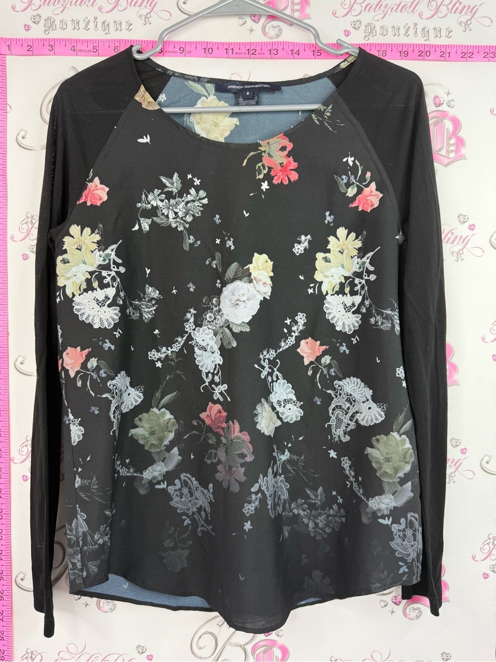 French Connection top Black Floral Raglan Long Sleeve Top